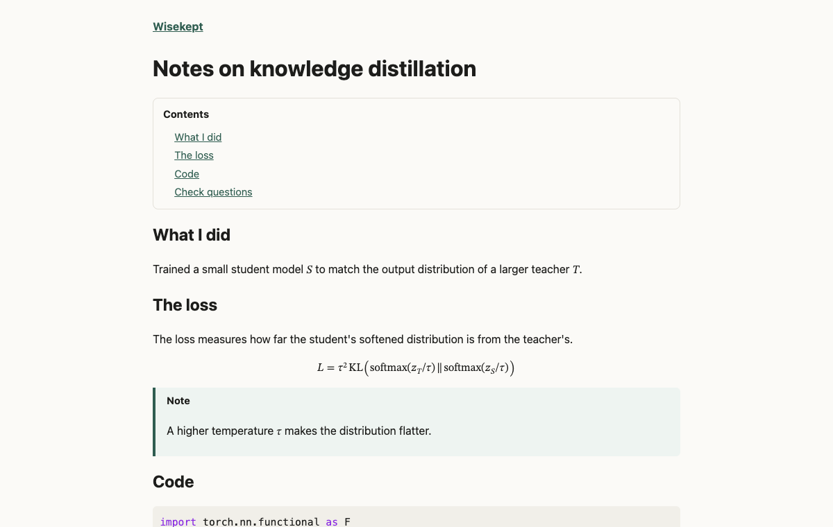 A published lesson page: table of contents, math, a note